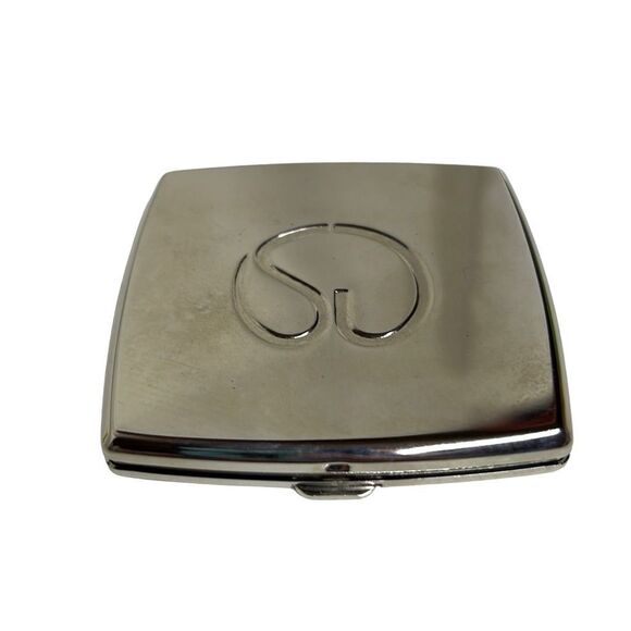 St. John Classic Design Silver Tone Snap Logo Compact Mirror Size 2.5" x 2.5" - Picture 2 of 10